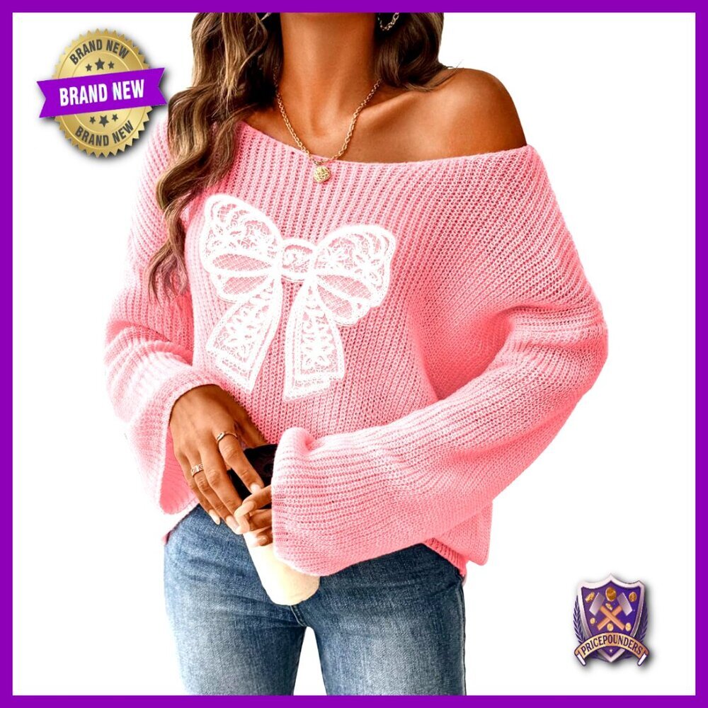 Off Shoulder Slouchy Sweater with Bow Embroidery, Crew Neck, Long Bell Sleeves